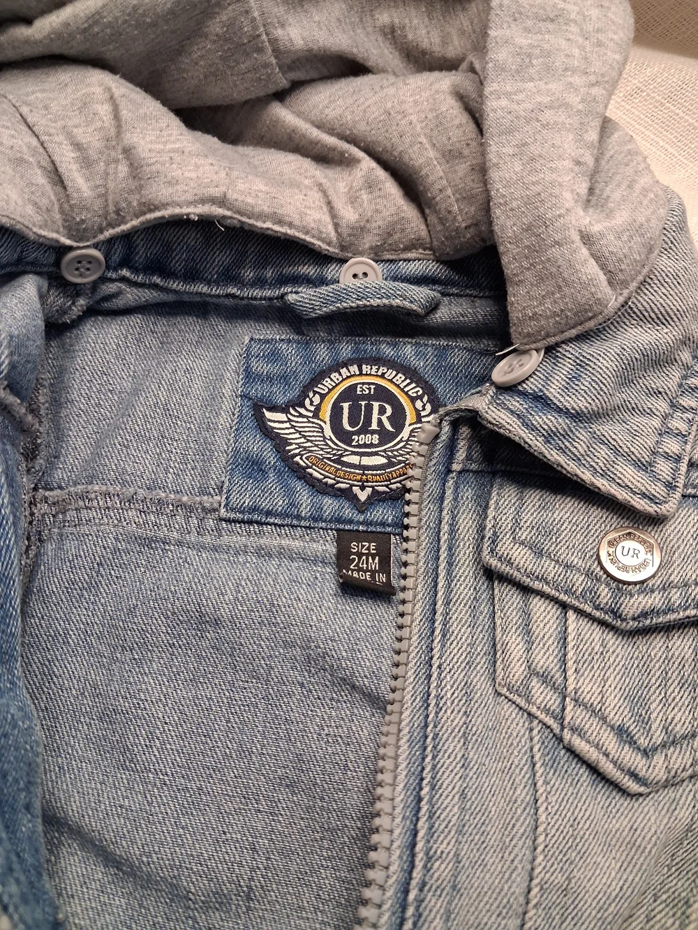 Urban Republic Light Blue Denim Jacket with Gray Hooded Sleeves